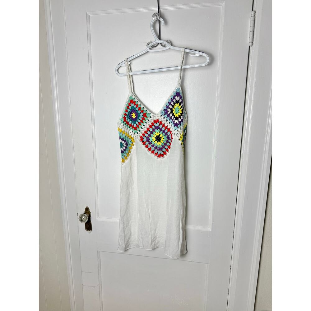 Boho Granny Square Crochet White Hippie Festival Flowy Dress Women's Size M